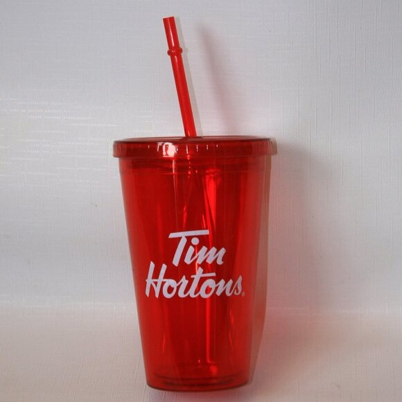 Rare Tim Hortons RUBY RED Travel Mug Plastic with Straw - Picture 1 of 5